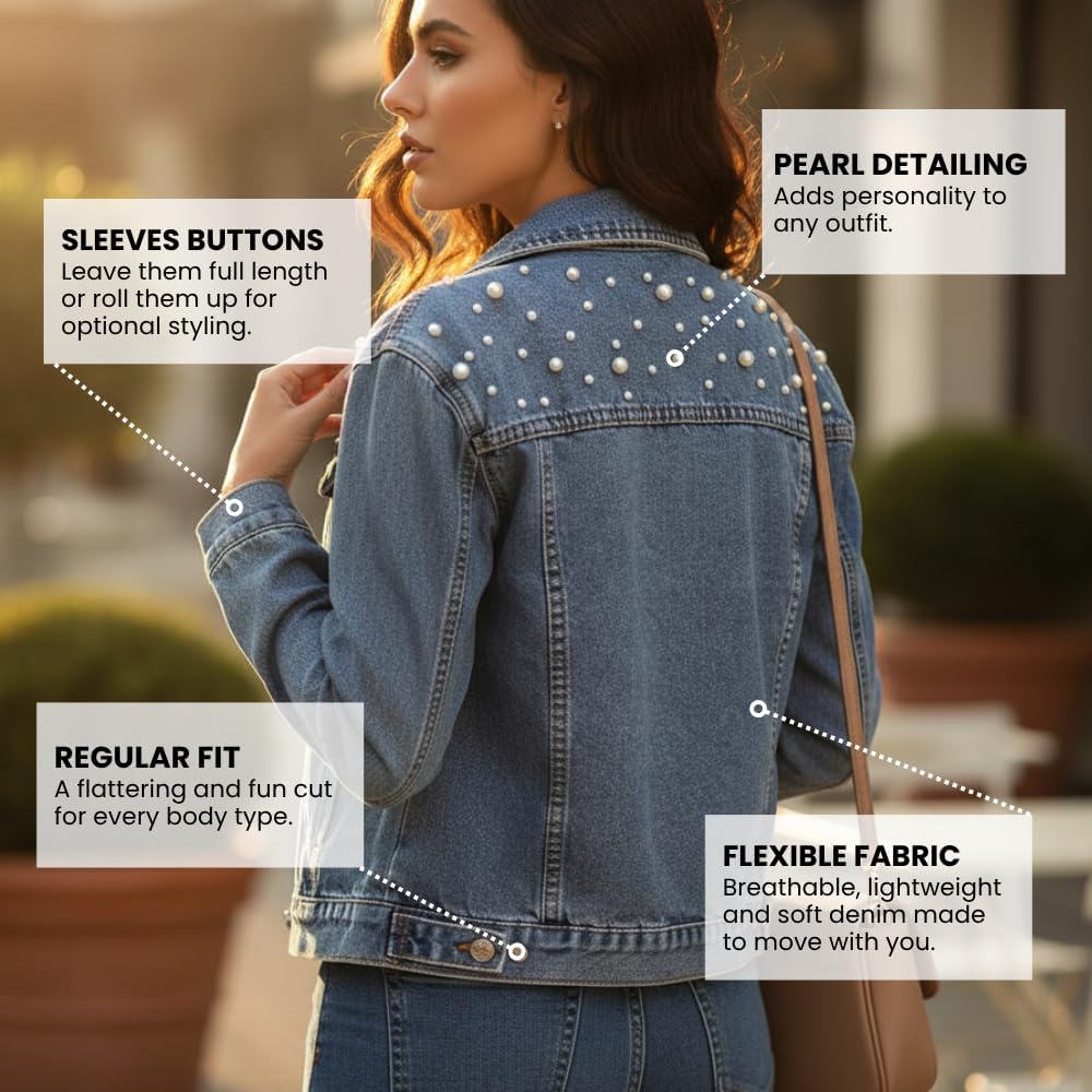Women Denim Jean Jacket with Pearls – Stylish & Comfortable Outerwear | Classic Denim Jacket for Girls & Ladies