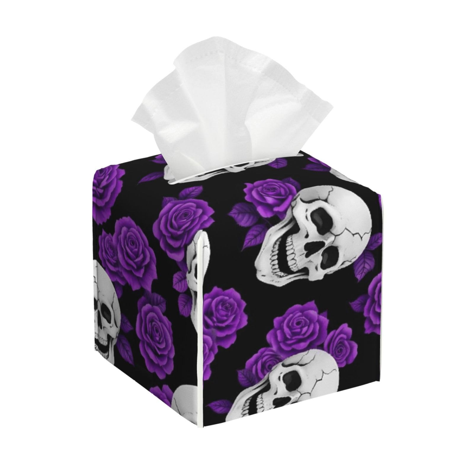 Purple Rose Skull Leather Tissue Box Cover Holder Square Facial Paper Organizer 5.2" X 5.2" X 5.2"