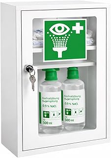 Augenspülschrank mit 2x NaCl 0,9% 500ml, Erste-Hilfe-Set DIN 13157:2021, Metall weiß, 46x30x14cm, abschließbar, Sichtfenster