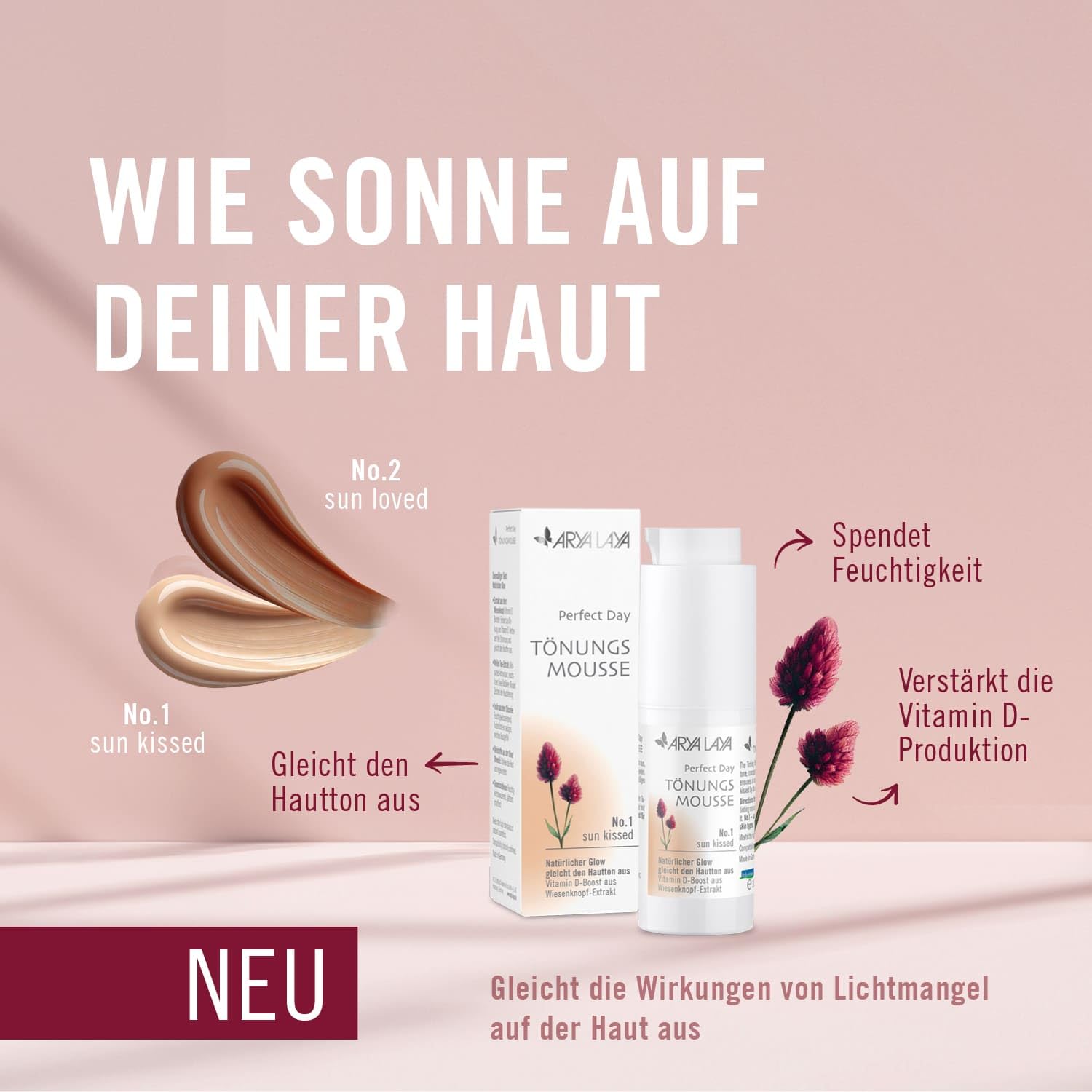 ARYA LAYA Tönungsmousse Perfect Day No. 1 "sun kissed" (helle bis mittlere Hauttypen), 30 ml – gleicht den Hautton aus, kaschiert Rötungen und Unregelmäßigkeiten, mit Vitamin D-Booster, vegan