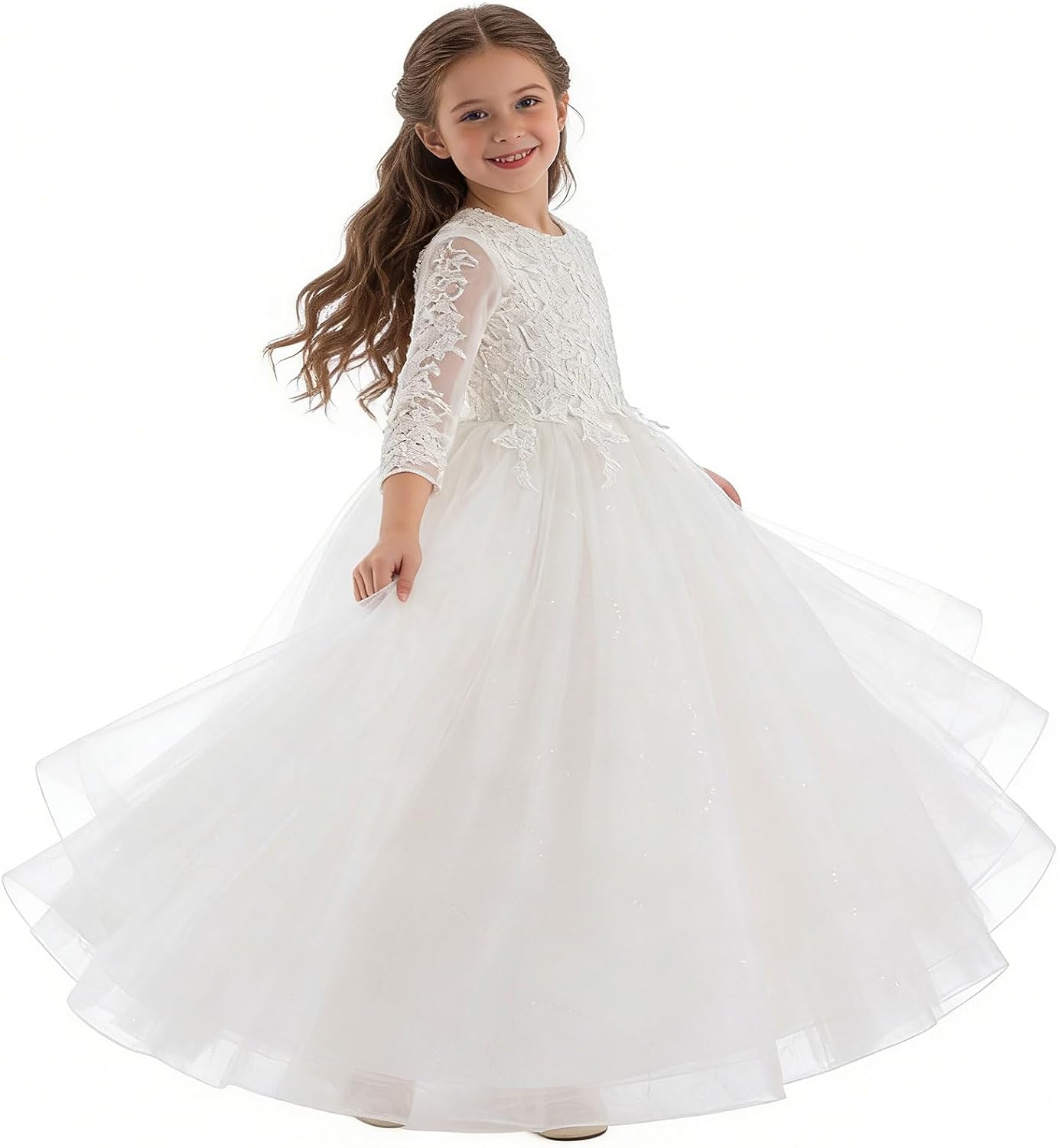 Flower Girl Dress Half Sleeves Lace Top Tulle Skirt Girls Birthday Wedding Party First Communion Dresses