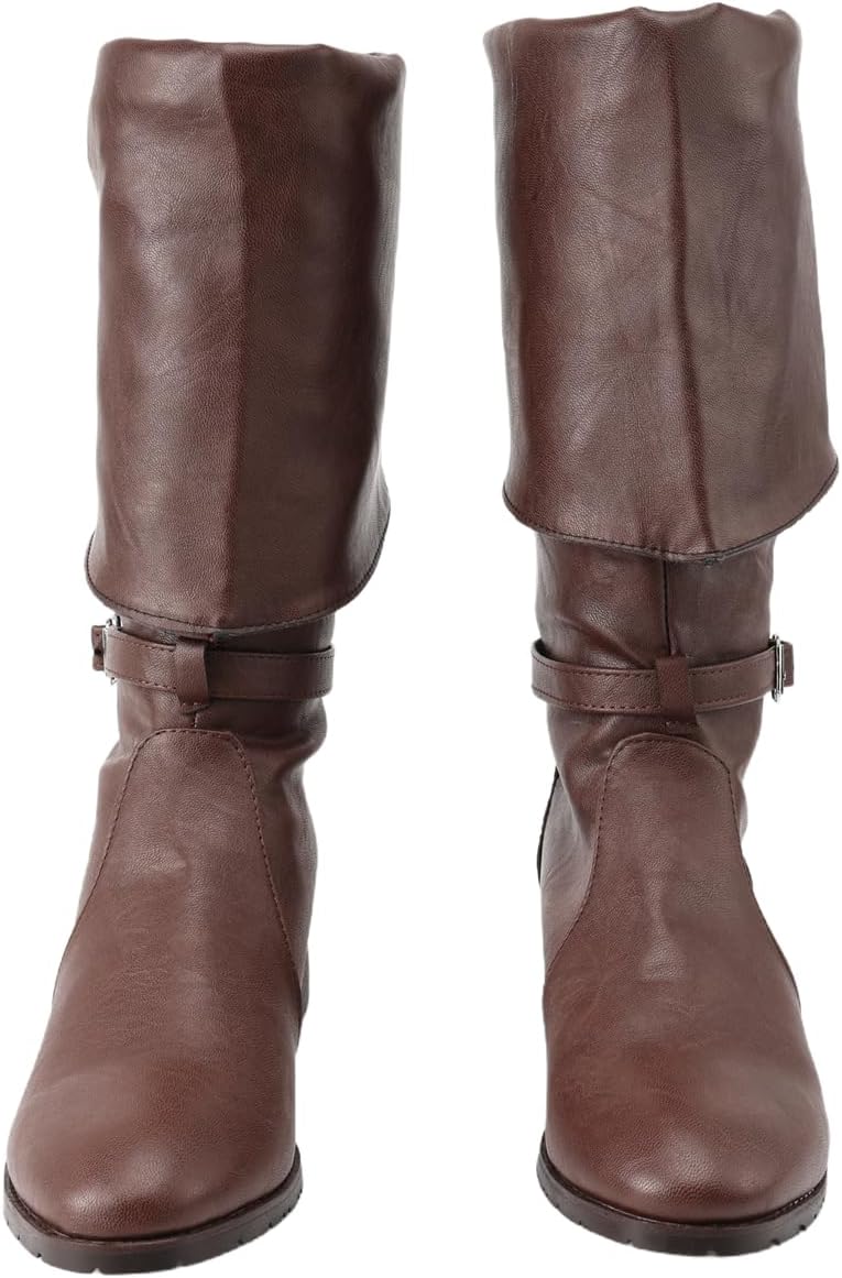 Men Medieval Viking Renaissance Fold-Over Knee High Pirate Boots PU Leather Mid Calf Cuff Shoes for Halloween Cosplay