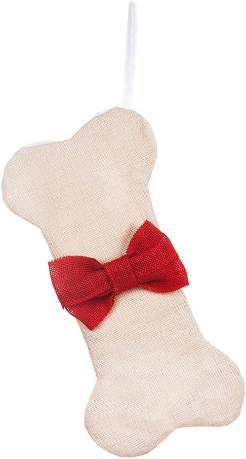 Hand Made Dog Christmas Stocking Bone Burlap 16" x 8" Large (Red Stocking Bone)