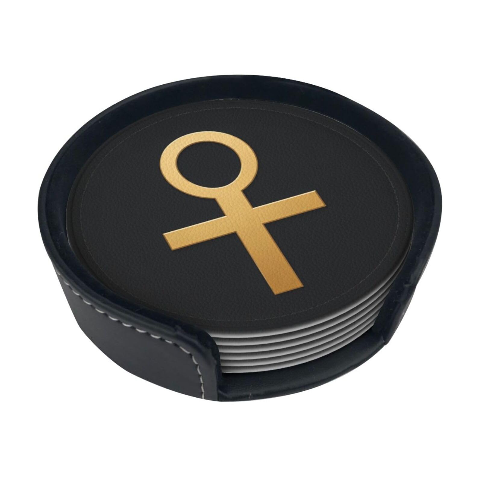 Flat Ankh Cross Leather Coasters-Set of 6 with Storage Holder