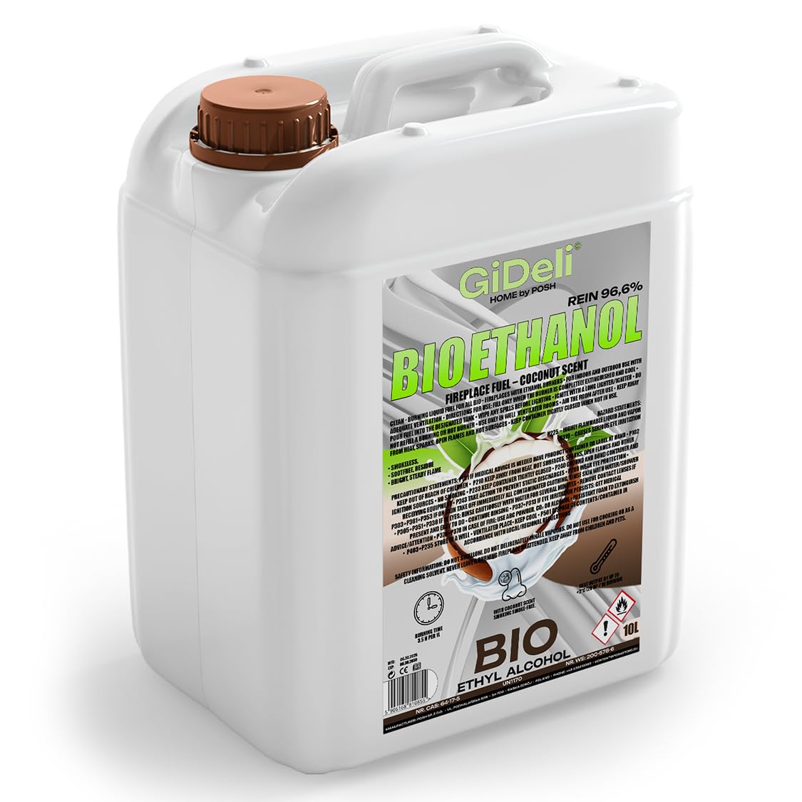 GiDeli Bioetanolo 10 l profumo di cocco 96,6% etanolo per camini interni ed esterni, senza fumo e fuliggine, da mais e barbabietola da zucchero