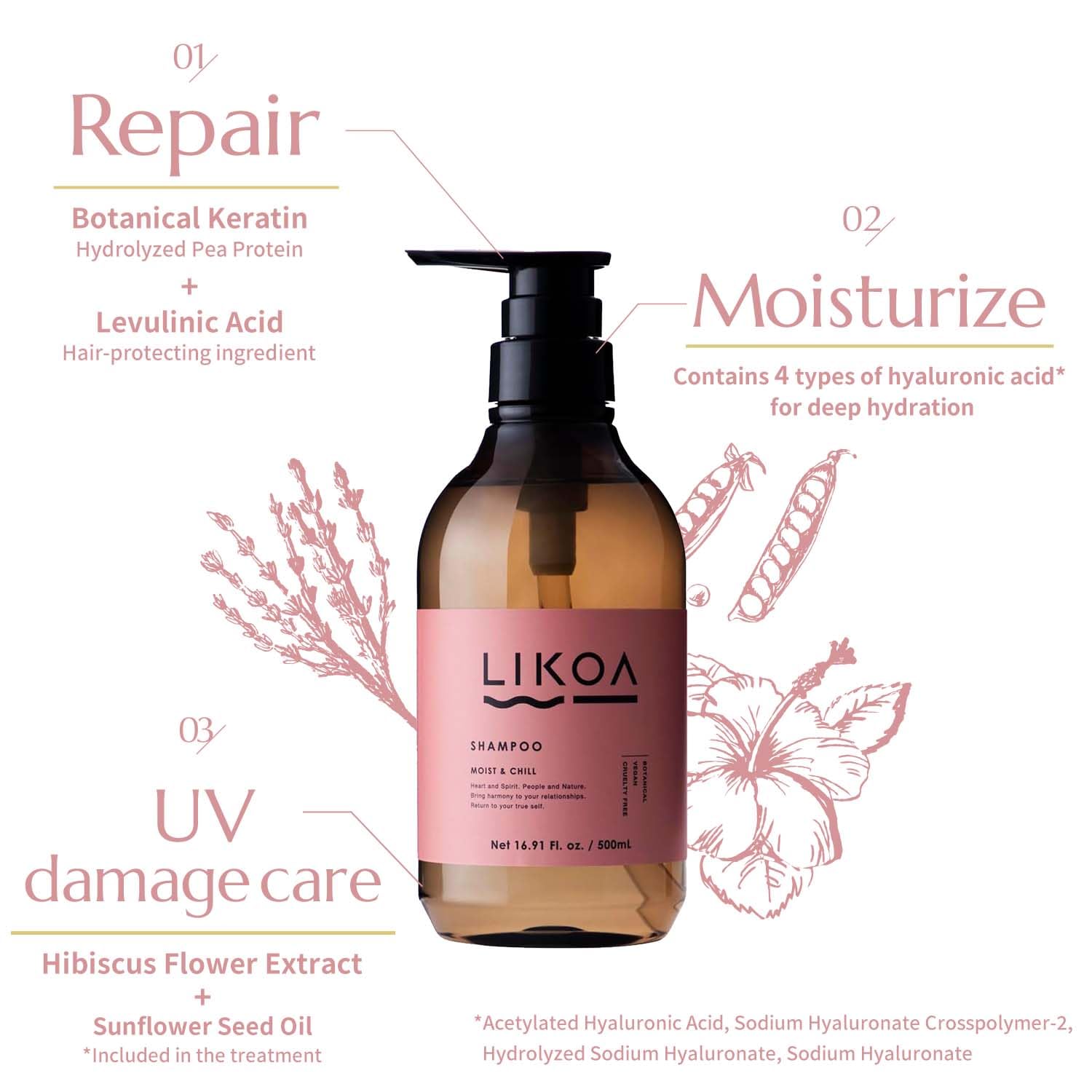 LIKOA, Moist and Chill Hydrating Shampoo and Treatment Set, for Damaged and Frizzy Hair, Botanical Hair Care, Oriental Floral Scent, Made in Japan, 16.9/17.64 Fl oz - Image 5