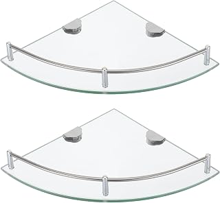 GALPADA 2pcs Shower Glass Shelf: Triangle Corner Bathroom Racks - Shower Caddy Organizer with Rail - Wall Mounted Floating Glass Shelves for Soap Toiletries Air Freshener