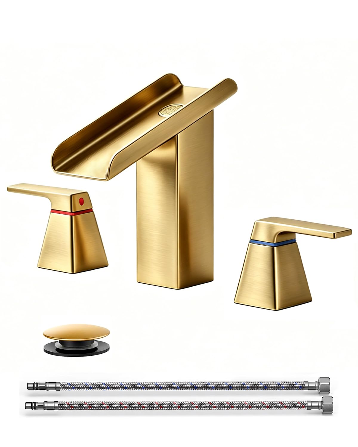 Hcfyauis B - Brushed Gold Brushed Gold Bathroom Faucet For 3-Hole Vanity Sinks 8 Inch Widespread Waterfall Lavatory Faucet With Two Handles, Pop-Up Drain, And Supply Hoses