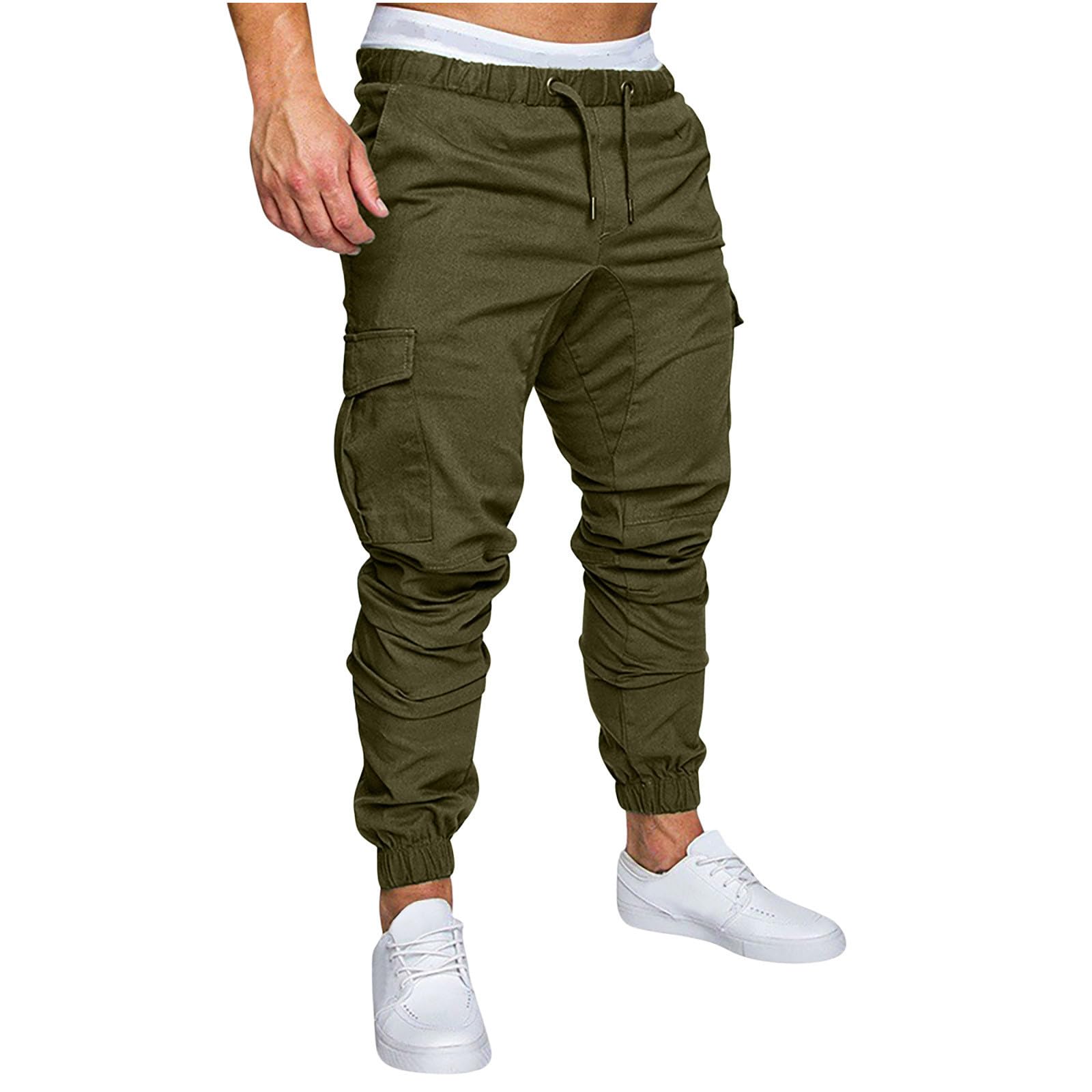 Muscularfit Mens Athletic Pants Cotton Stretch Drawstring Cargo Pants Multi Pockets Lightweight Joggers Athletic Trousers