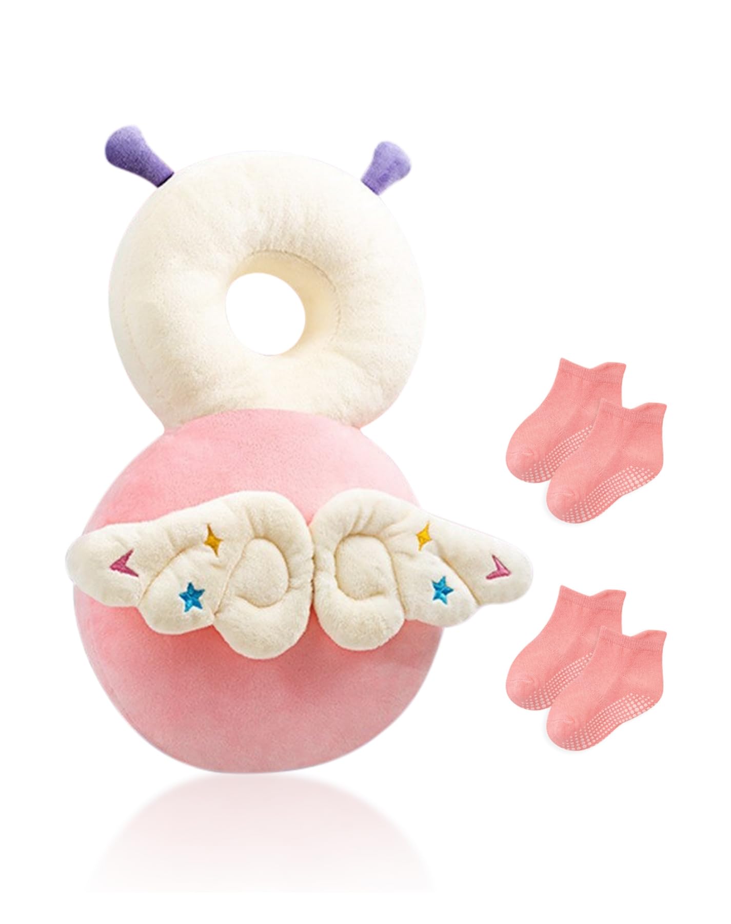 PYEBE Toddler Baby Head Protection & 2 Pairs Baby Anti Slip Socks for Crawling and Walking (Pink Elfin)