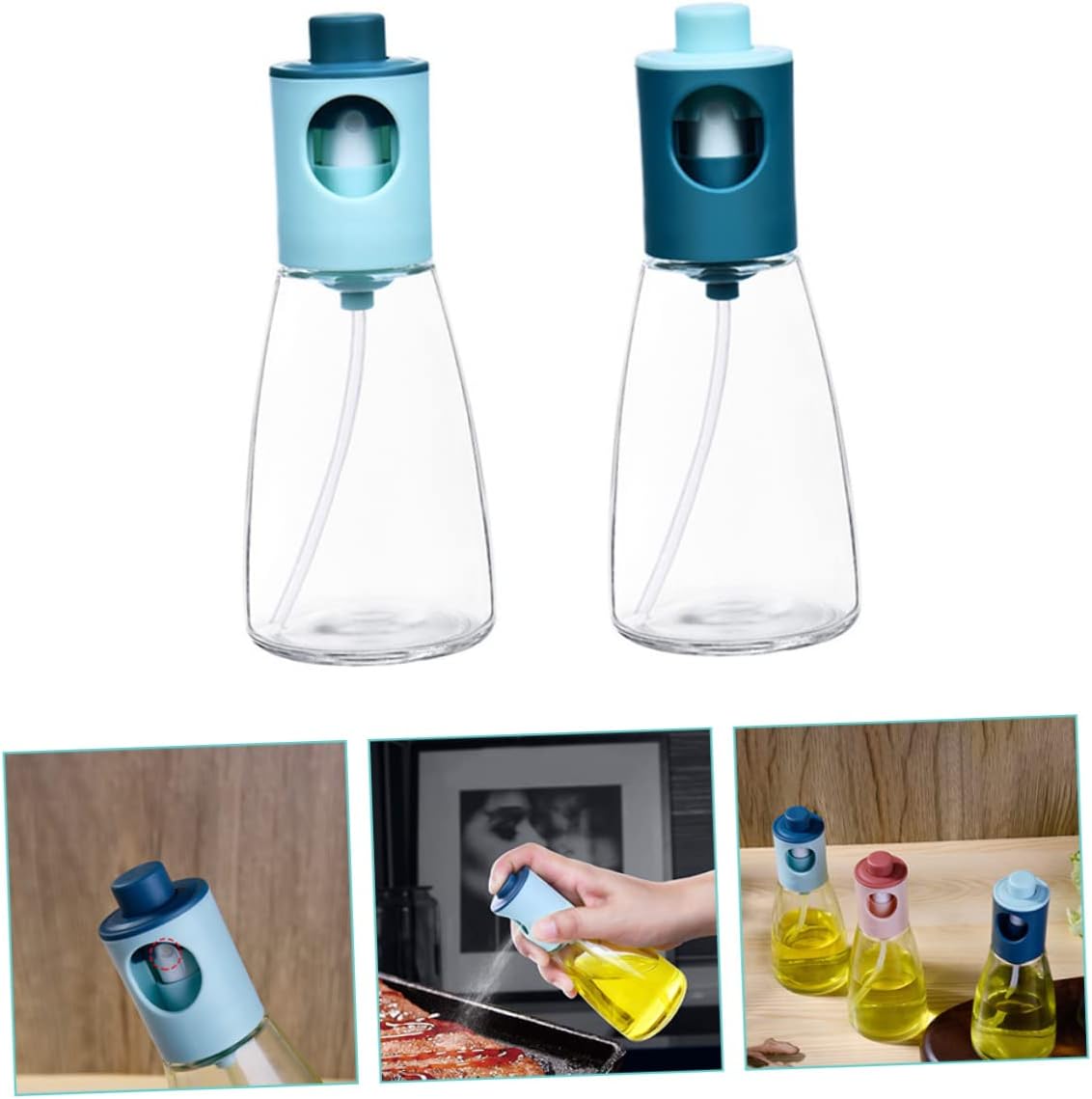 SMASOLO 2Pcs Kitchen Oil Sprayer Bottles Glass Oil Dispenser Press Type for Cooking Bbq Salad Non Leak Even Spray Easy to Clean Visible Capacity Light Blue
