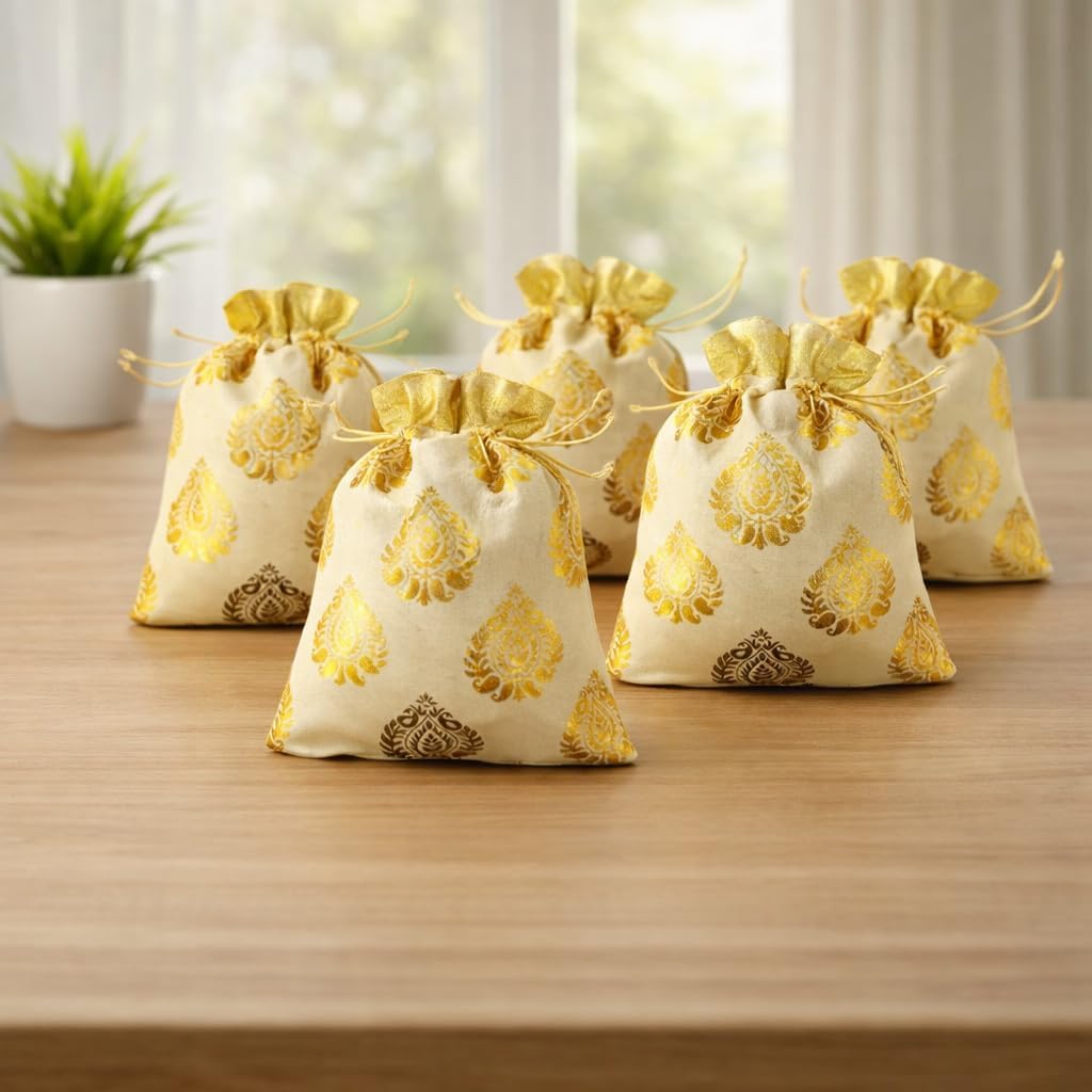 Rajasthan Kraft Gold Banarasi Tissue Pack Of 12 Potli Bag, 23x19 cm Brocade Look Foil Print Drawstring Potli For Wedding & Diwali Return Gifts, Festive Favor Bags, Potli Bag for Women