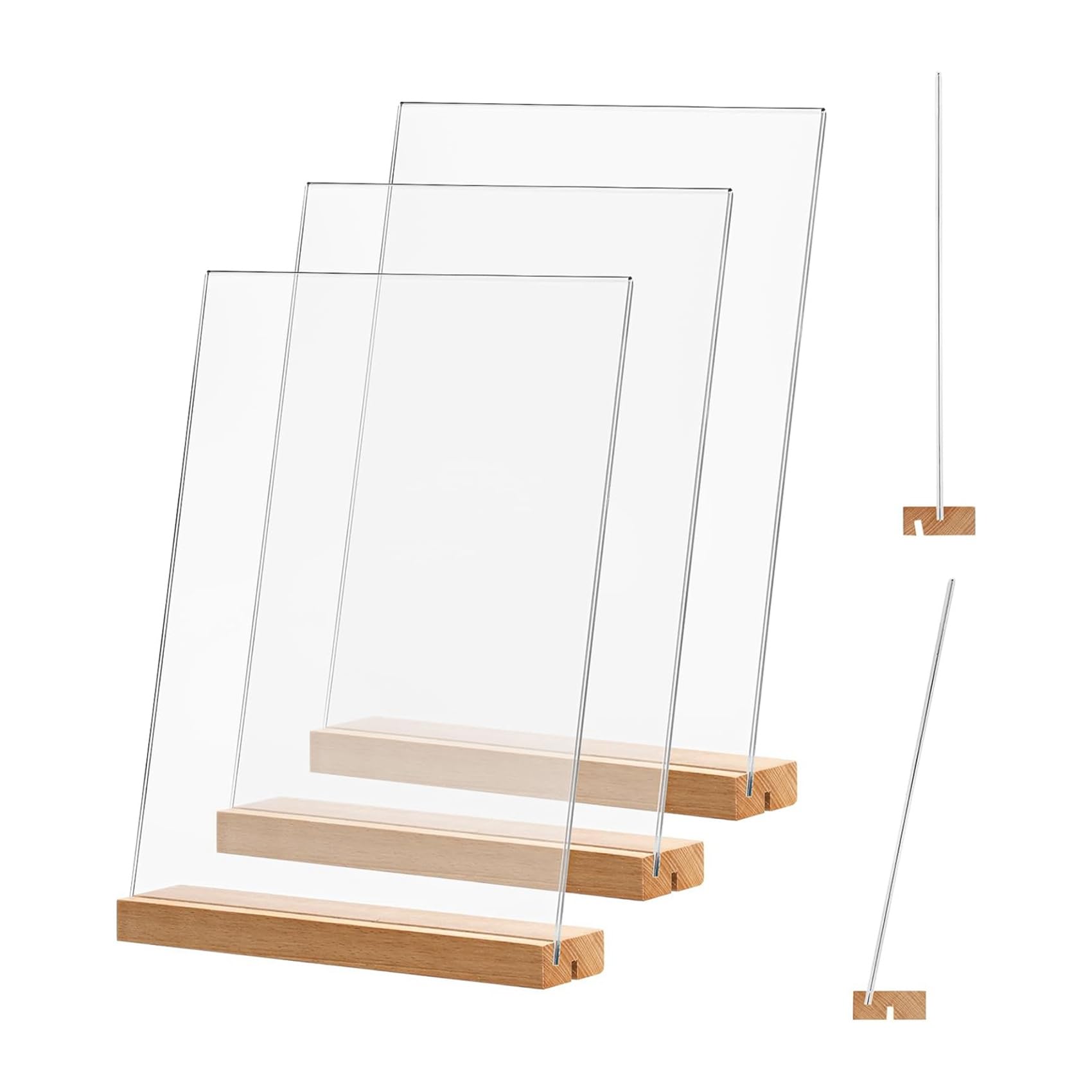 Soporte de Letrero Acrílico, Paquete de 12, 8.5X11 Pulgadas, Marcos de Acrílico Transparente en Forma de L/T, Base de Madera, Soporte de Exhibición de Menú de Mesa para Oficina