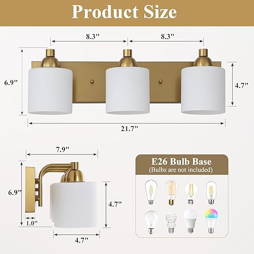 Miniatura 5 de Luces de tocador de vidrio de leche de acero inoxidable para baño, 3 lámparas de baño doradas claras sobre espejo, enchufes E26 de cerámica montados