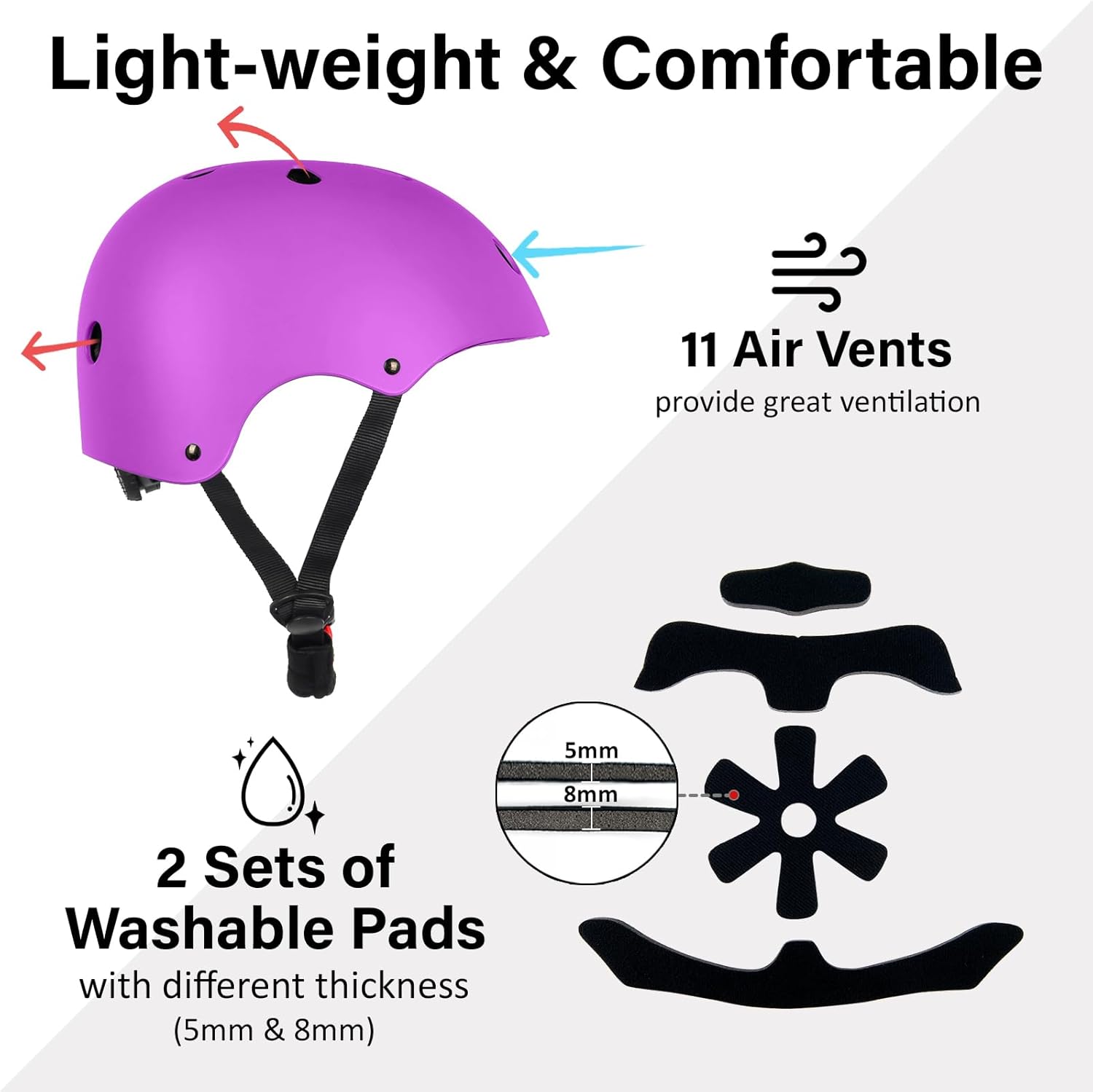 Skateboard Bike Helmet, Lightweight Adjustable, Multi-Sport for Bicycle Skate Scooter, 3 Sizes for Adult Youth & Kids