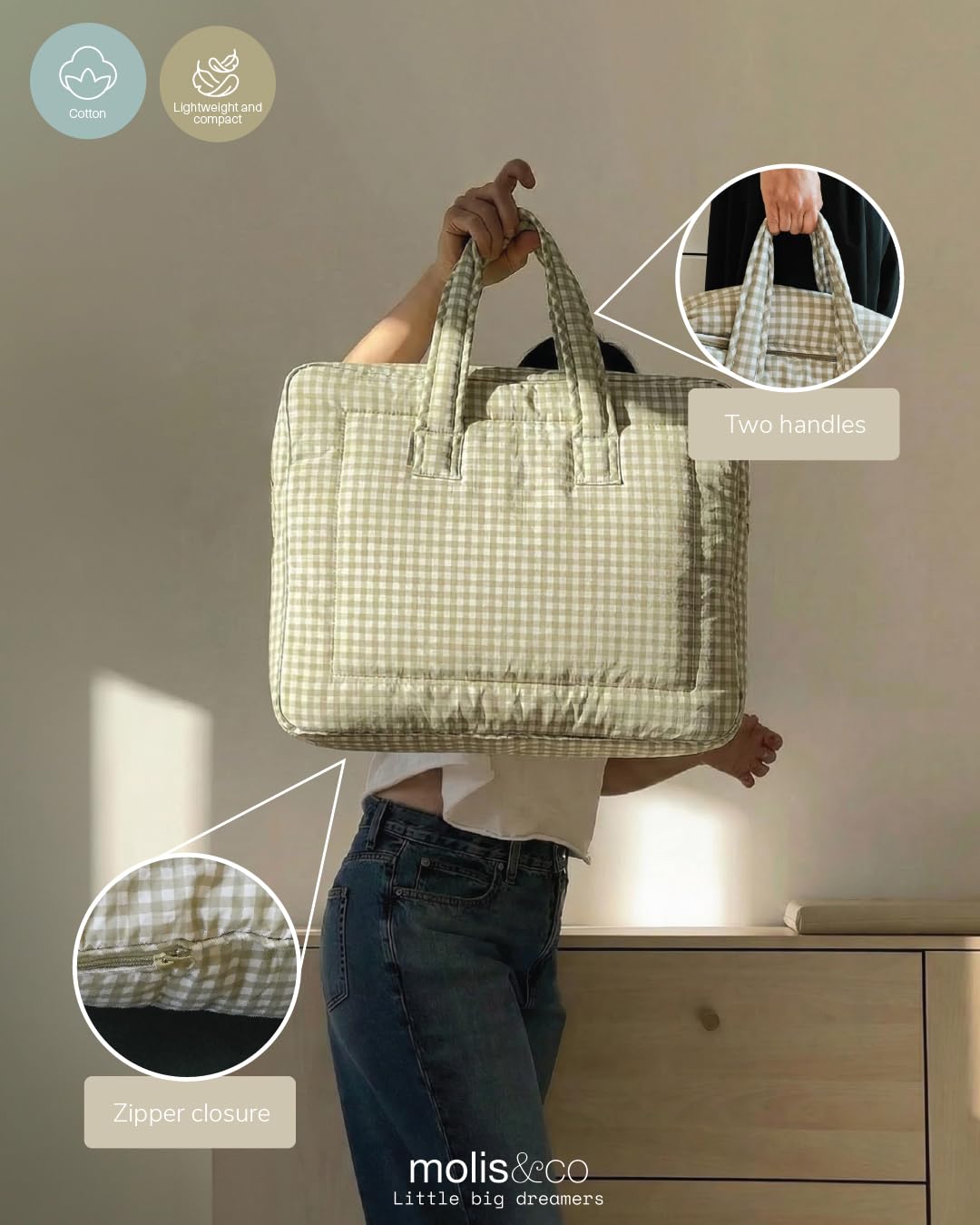 molis&co - Kinderreisetasche und Umstandstasche für Krankenhaus - Tragetasche für Ausflüge und Organisation - weicher Stoff - 45 x 35 cm - 100% Baumwolle