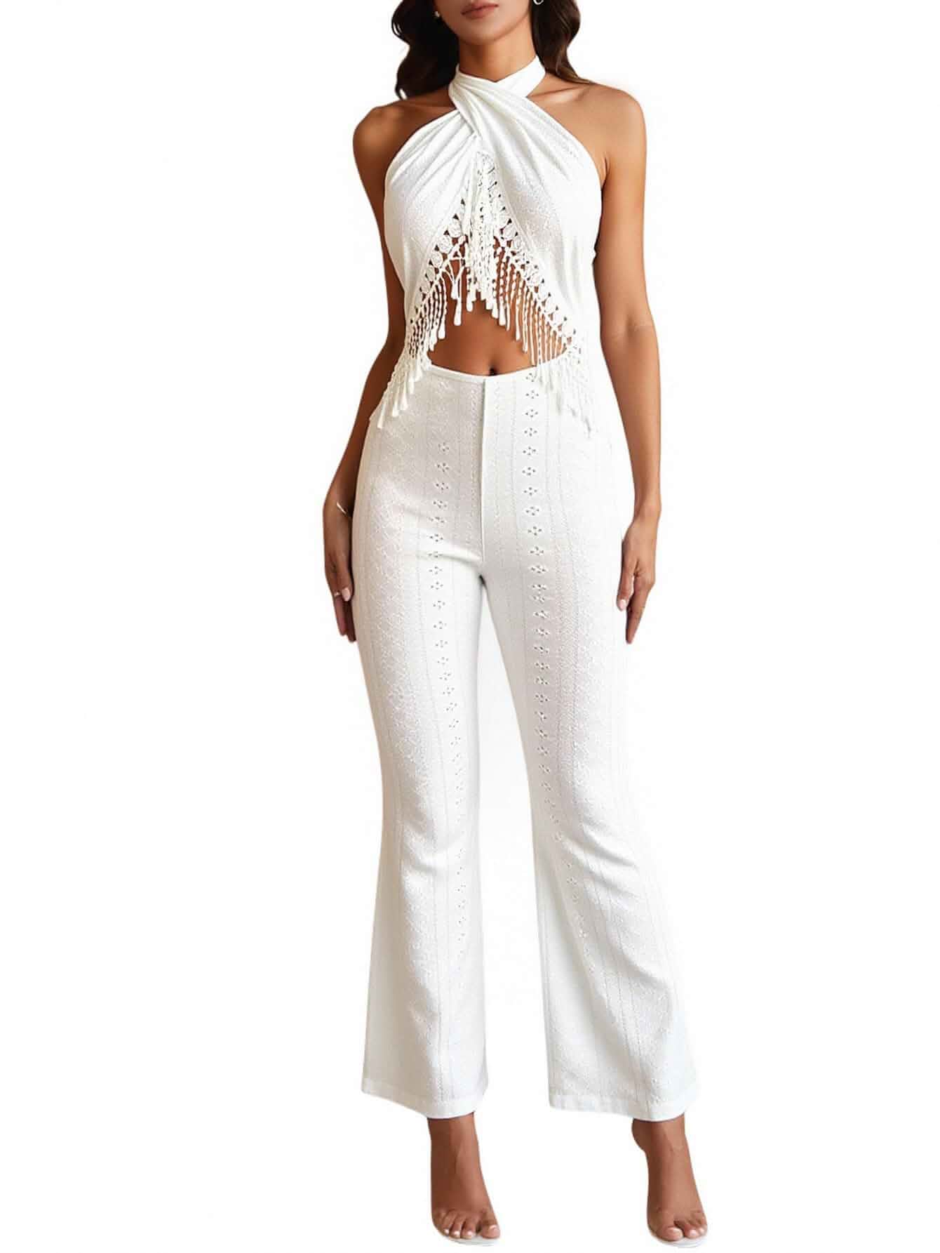 Women's Fringe Halter Boho Eyelet Embroidery Backless Jumpsuits Flare, Romper, Dressy, Office, Work, Party, Casual, Going Out, Elegant, Vacation, Beach