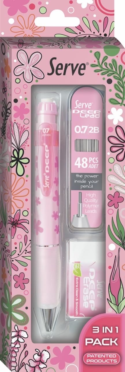 Serve Doğa Desenli Deep Kalem, Deep Silgi ve Deep Min, 0.7 mm, Şeker Pembe