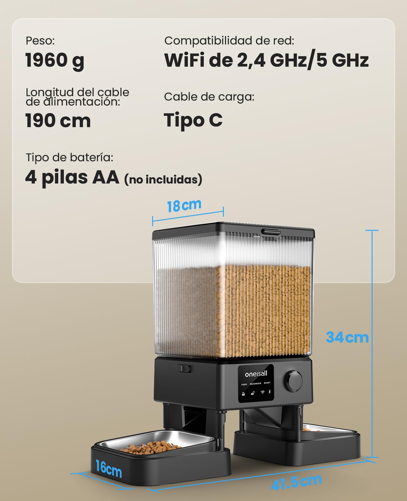 oneisall 5L Comedero Automático Gato 2 Tazones, 5G/2.4G WiFi Máquina de Comida Inteligente para Gatos/Perros, fácil Operación con Control App, con 2 Tazones de Acero Inoxidable, Grabadora de Voz