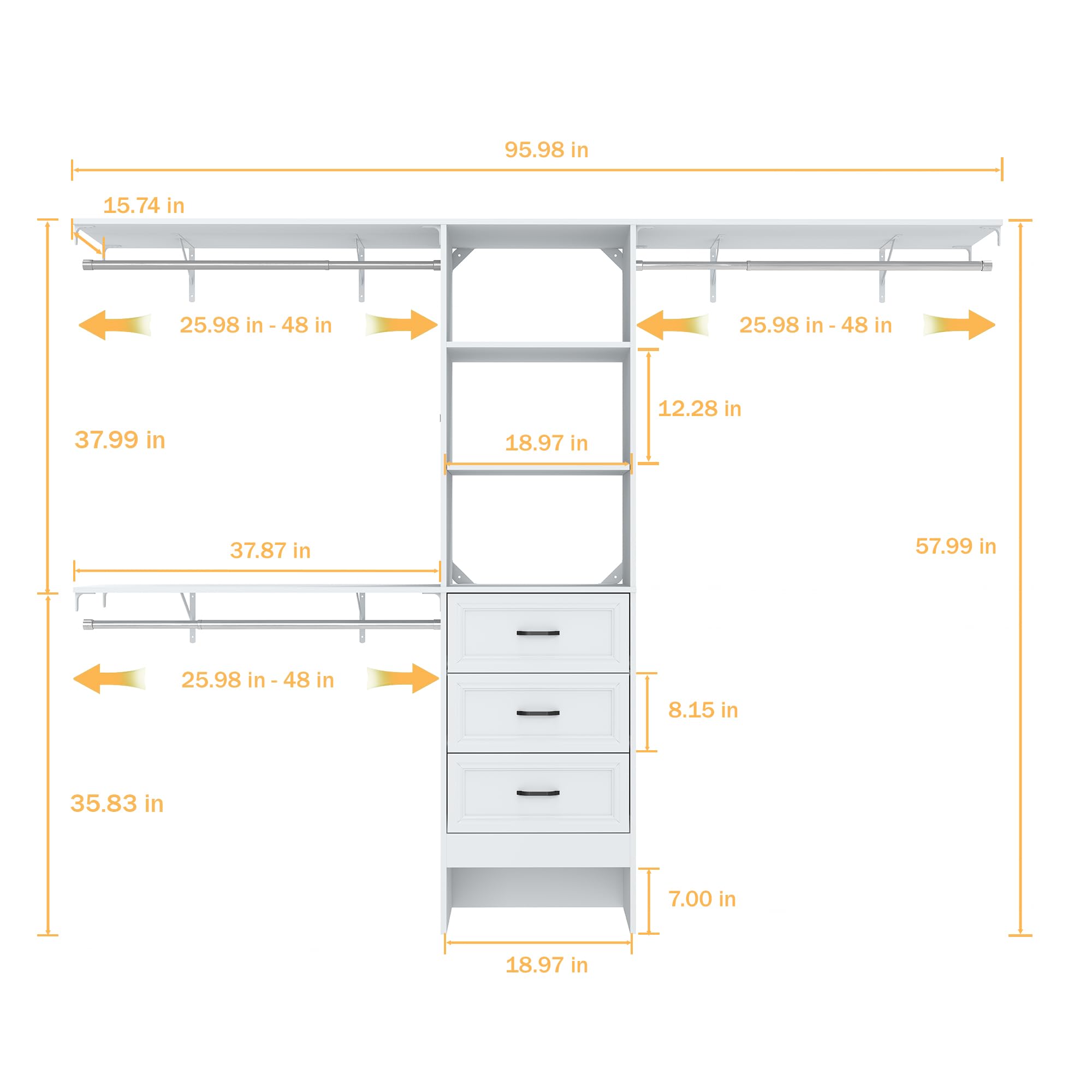 Walk in Closet System Closet Organizer with 3 Wooden Drawers?8FT Closet Systems with 25” Tower and 3 Extendable Hanging Rods, Wardrobe Clothes Garment Rack