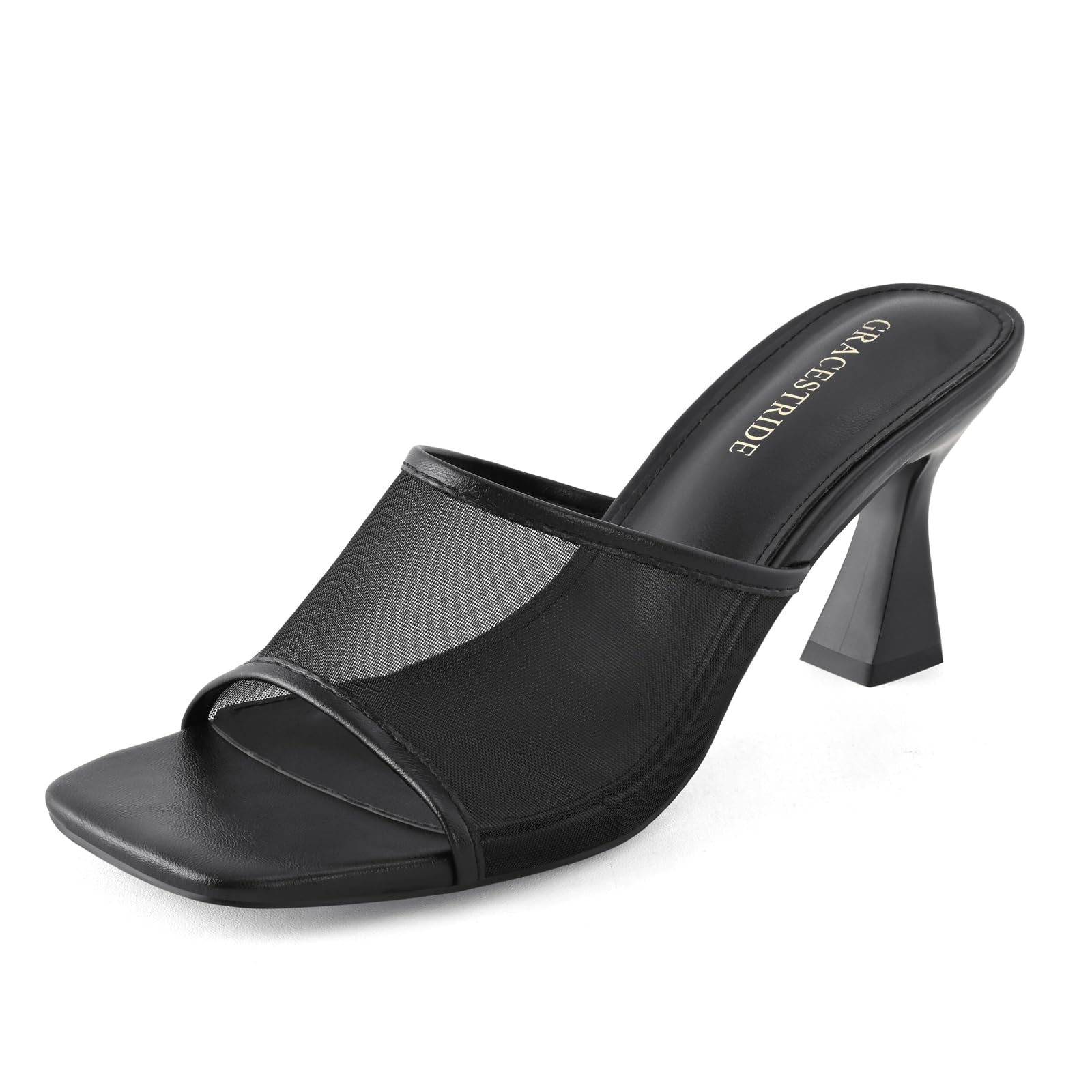 GRACESTRIDE Women's Mule Heels Chunky Kitten Heeled Sandals Mesh Slip On Square Toe Comfortable Casual Dress Pumps Shoes