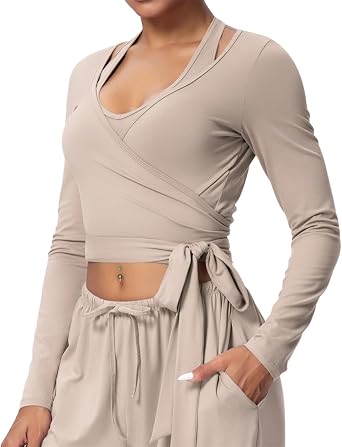 Womens Wrap Top Long Sleeve Pilates Shirt, Workout Yoga Shirts Y2K V Neck Cropped Tops