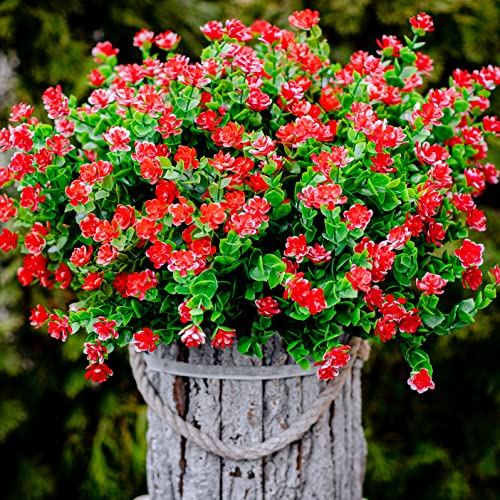Axylex Artificial Flowers Outdoor Plastic Plants - 12 Bundles Outside Face Fake Spring Greenery Uv Resistant No Fade Faux Shrubs Bundles Garden Porch Patio Home Decorations Office Indoor (Red) #TOP3