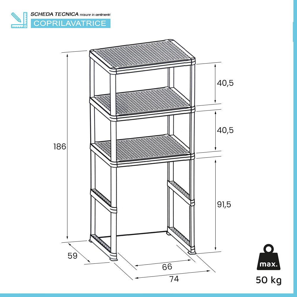 Inbagno Scaffale Sopra Lavatrice E Asciugatrice In Plastica Bianca Con 3 Ripiani Dalla Texture Antiscivolo, L 74 x P 59 x H 186 Cm, In Kit Di Montaggio Facile Da Assemblare