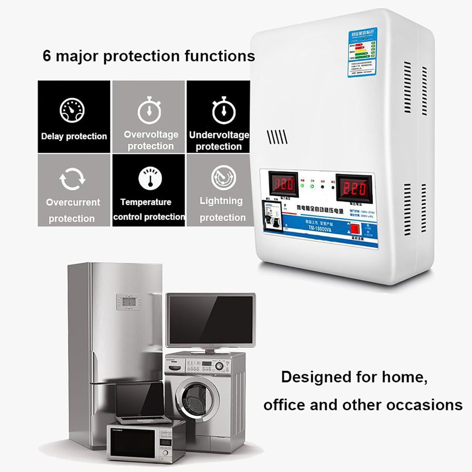 Estabilizador De Voltaje 220V 15000W,Estabilizador De Voltaje De Potencia Automático con Pantalla Digital Dual,Regulador De Aire Acondicionado De Alta Potencia Cobre Puro para El Hogar