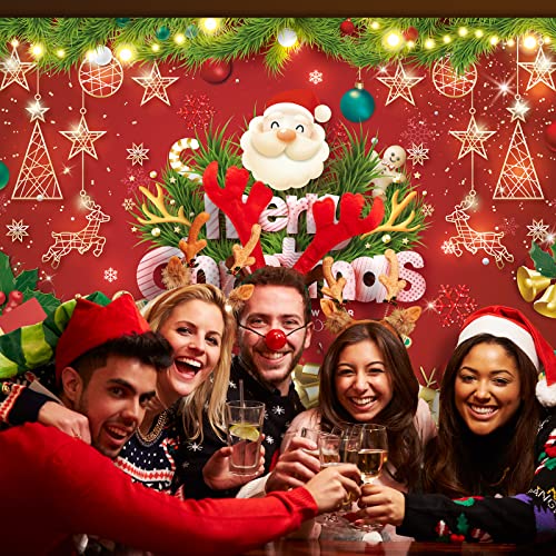 Image of 7x5FT Merry Christmas Banner - Santa Claus & Reindeer Background - Red Xmas Party Backdrop for Kids