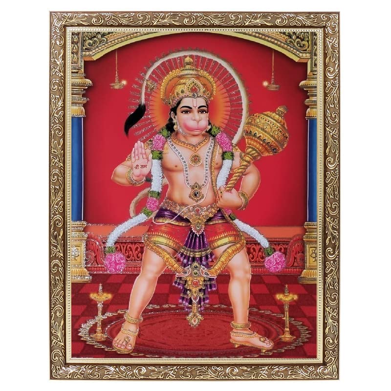 Cadre Hanuman en cuivre doré 35x45 cm : une photo d'art hindoue d'exception