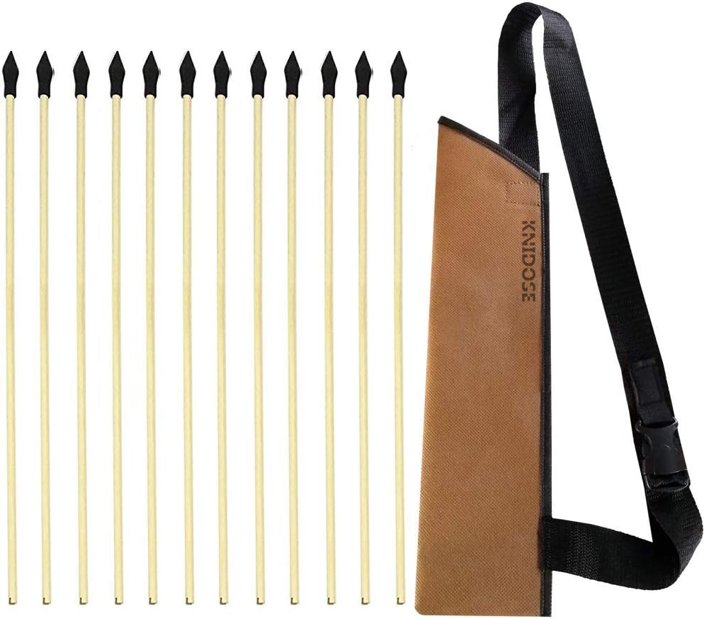 KNIDOSE 12 Pcs Safety Archery Target Arrows with Quiver - 18 Inch Handmade Wooden Arrows for Kids and Beginners | Soft Rubber Tips
