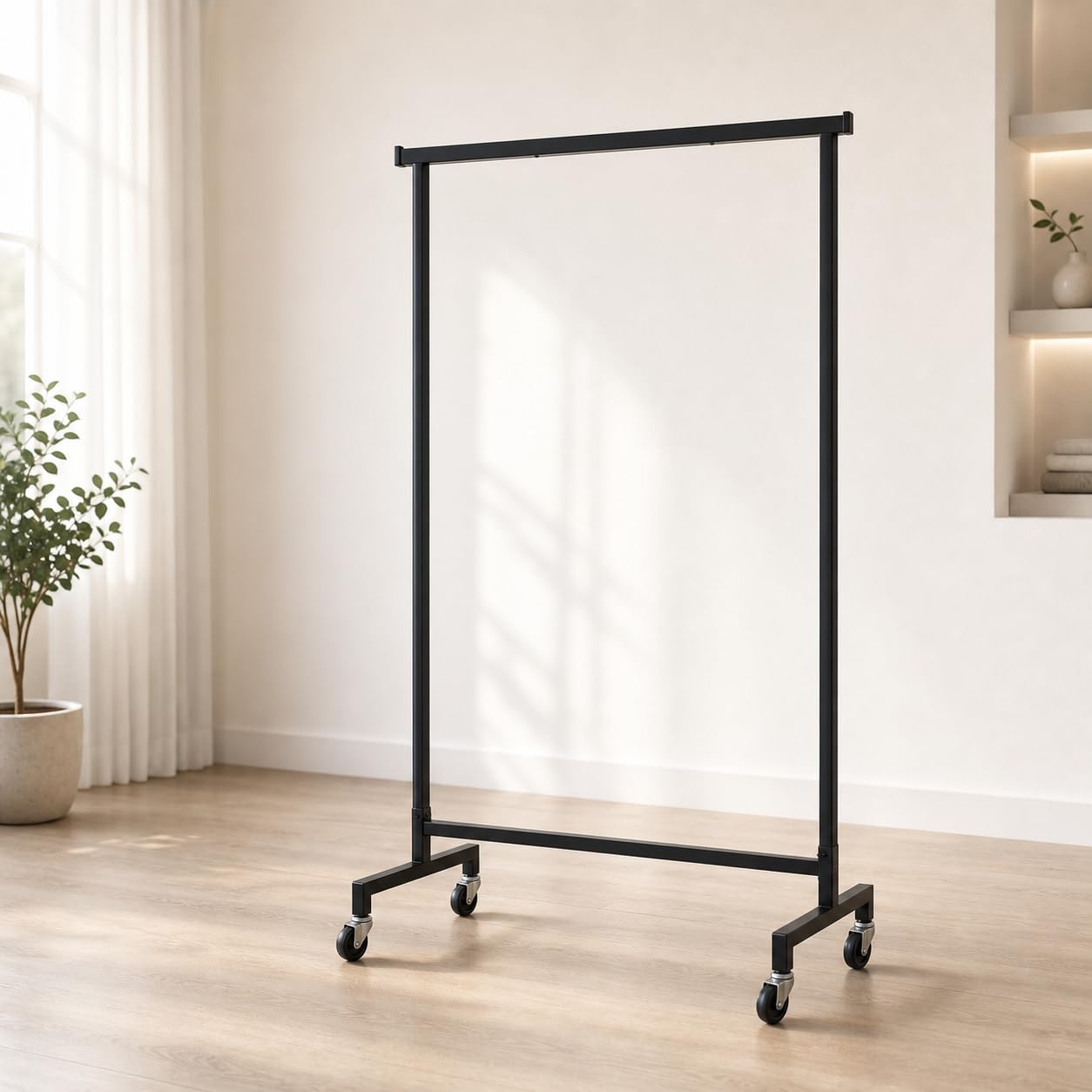GERSO Kleiderständer auf Rollen Schwarz 90 cm, mobiler Garderobenständer aus Metall, Kleiderwagen für Boutique, Einzelhandel, Schlafzimmer & Showroom