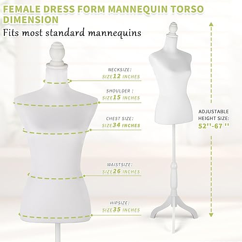 Miniatura 7 de Maniquí de torso de maniquí para mujer, exhibición de ropa con base de trípode de madera, ajustable de 52 a 67 pulgadas para costura, costurera,