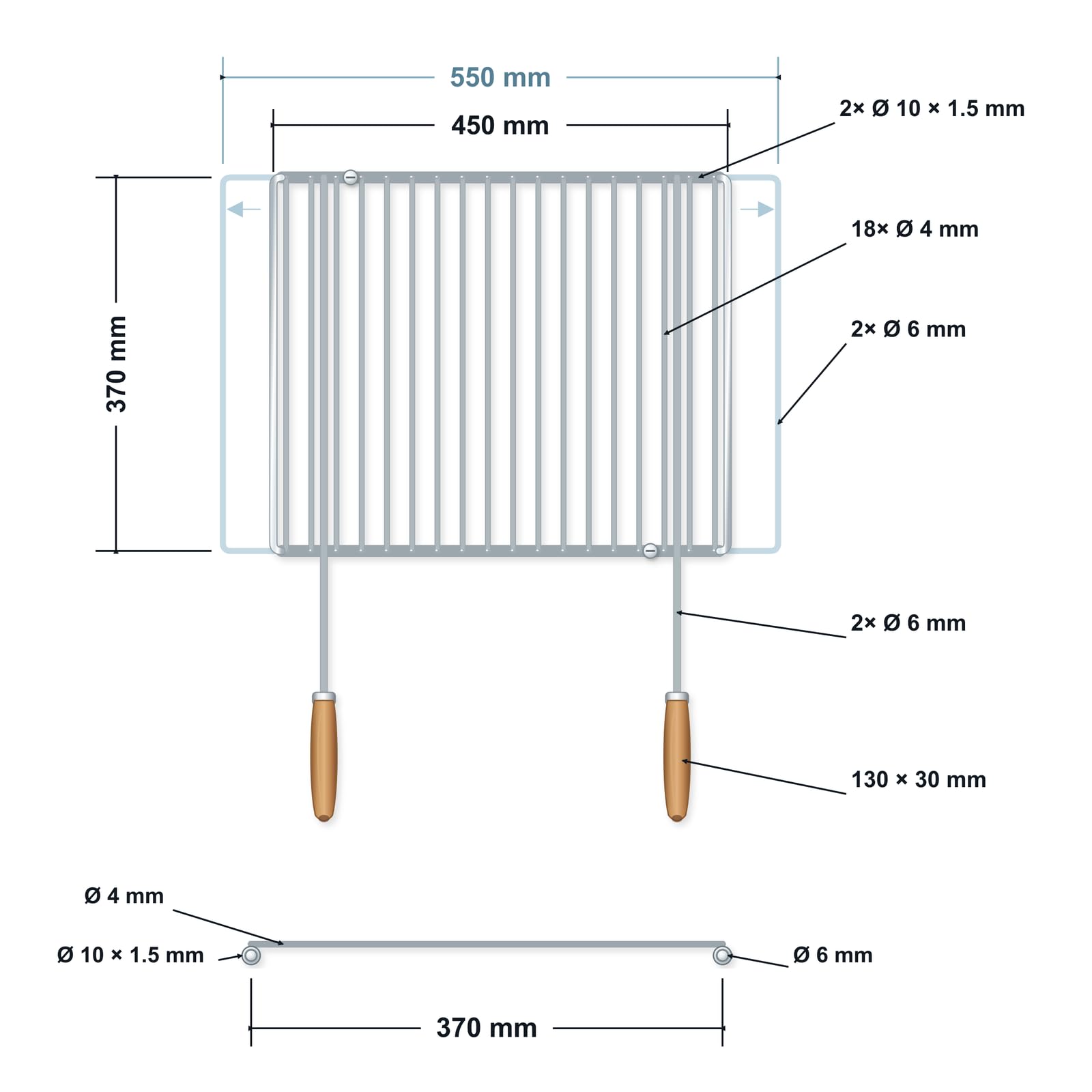 Grille barbecue inox réglable 45–55 × 37 cm avec poignées | Version réglable avec poignées
