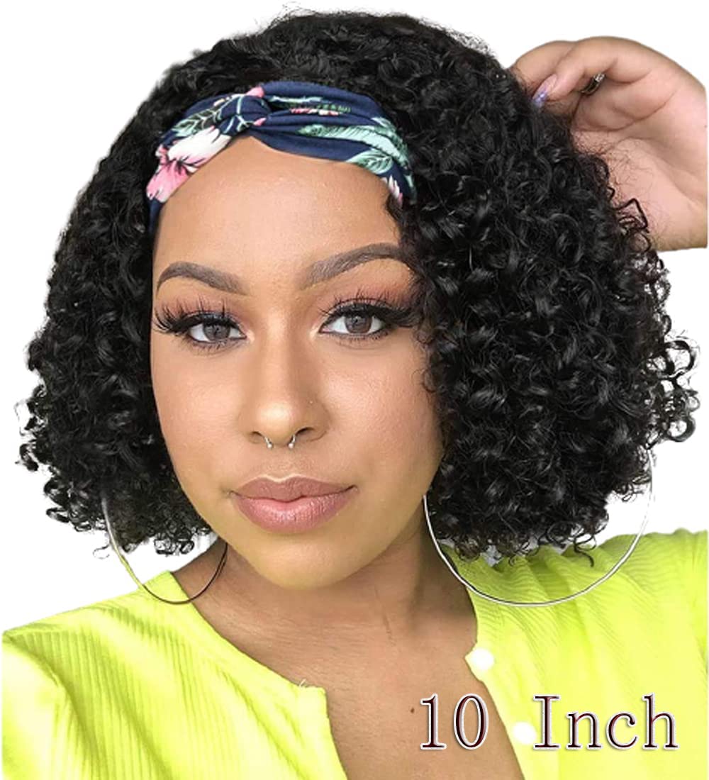 Curly Headband Wig Human Hair 10 Inches Headband Wig Deep Wave Human Hair Wigs with Headband True to Length Natural Color