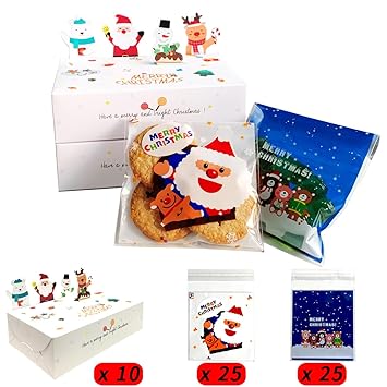 Kanehosi Christmas Cookie Boxes 10Pcs & Cookie Bag 50Pcs, Cute 3D Christmas Style Biscuit Boxes & Santa Claus Cookie Packaging Bags, Christmas Gift for Family Friend Children (Blue)