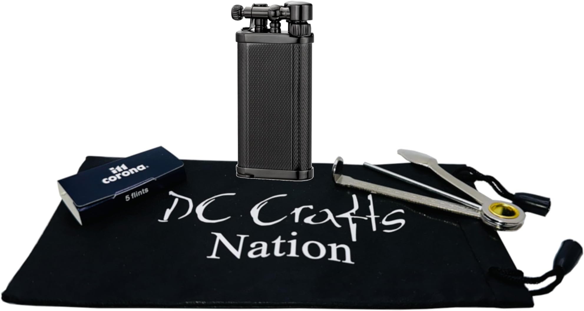 DC Crafts Pipe Bag with IM Corona Old Boy Pipe Lighter - Includes Czech Pipe Tool, & 5 Pack of IM Corona Flints - (Gunmetal Engine Turned)