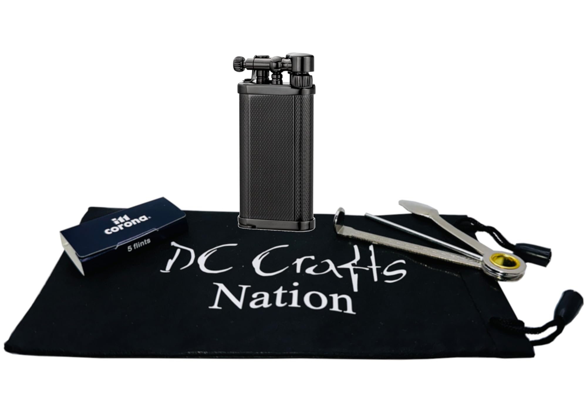 DC Crafts Pipe Bag with IM Corona Old Boy Pipe Lighter - Includes Czech Pipe Tool, & 5 Pack of IM Corona Flints - (Gunmetal Engine Turned)