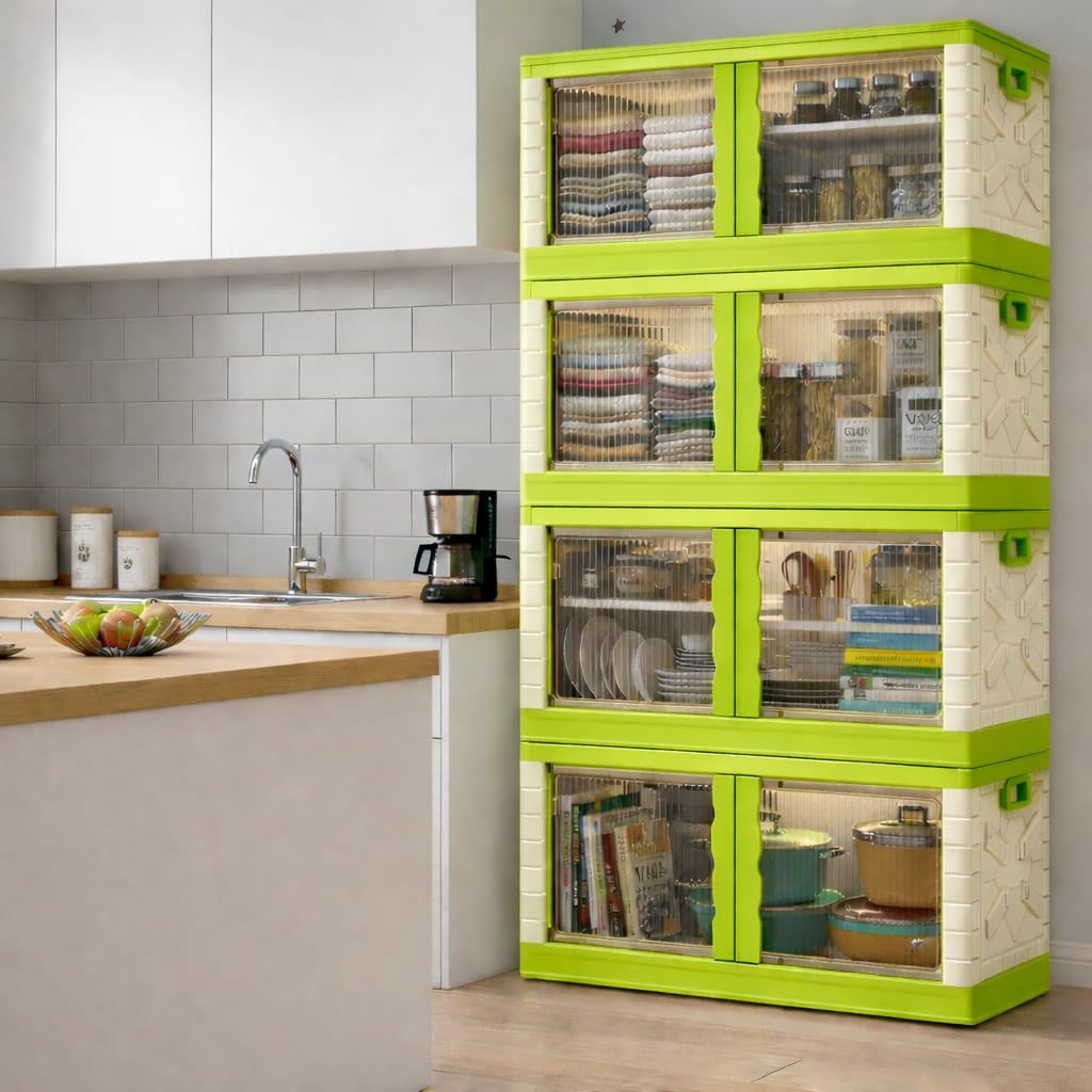 mechdel Plastic Collapsible Storage Bins with Double Door, Cabinet for Storage,Clothes Organizer,Almari, Wardrobe, Cupboard Rack Living Room, Adult & Kids storage organiser, (Parrot Green, 5PCS)Made in India 3