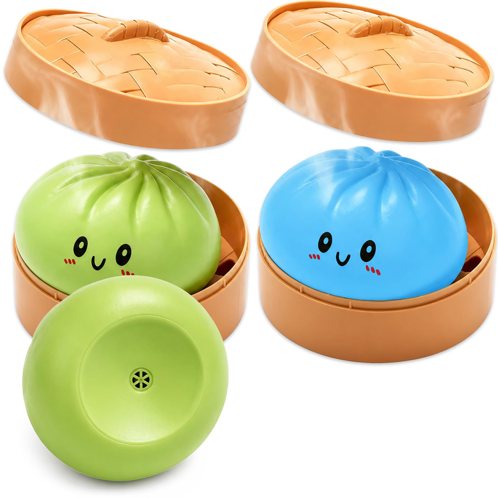 2pcs Whistle Bao Dumpling Squishy Set Fidget Supplies Squishy Supplies Green Blue with Steamer Box Birthday Gifts for Women Bao Dumpling Supply Soft and Cute for Adults Friends Home Office