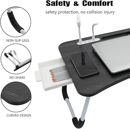 Miniatura 3 de Eternal Wings Escritorio de cama para laptop, mesa plegable portátil con puerto de carga USB, soporte para tazas, cajón de almacenamiento, para