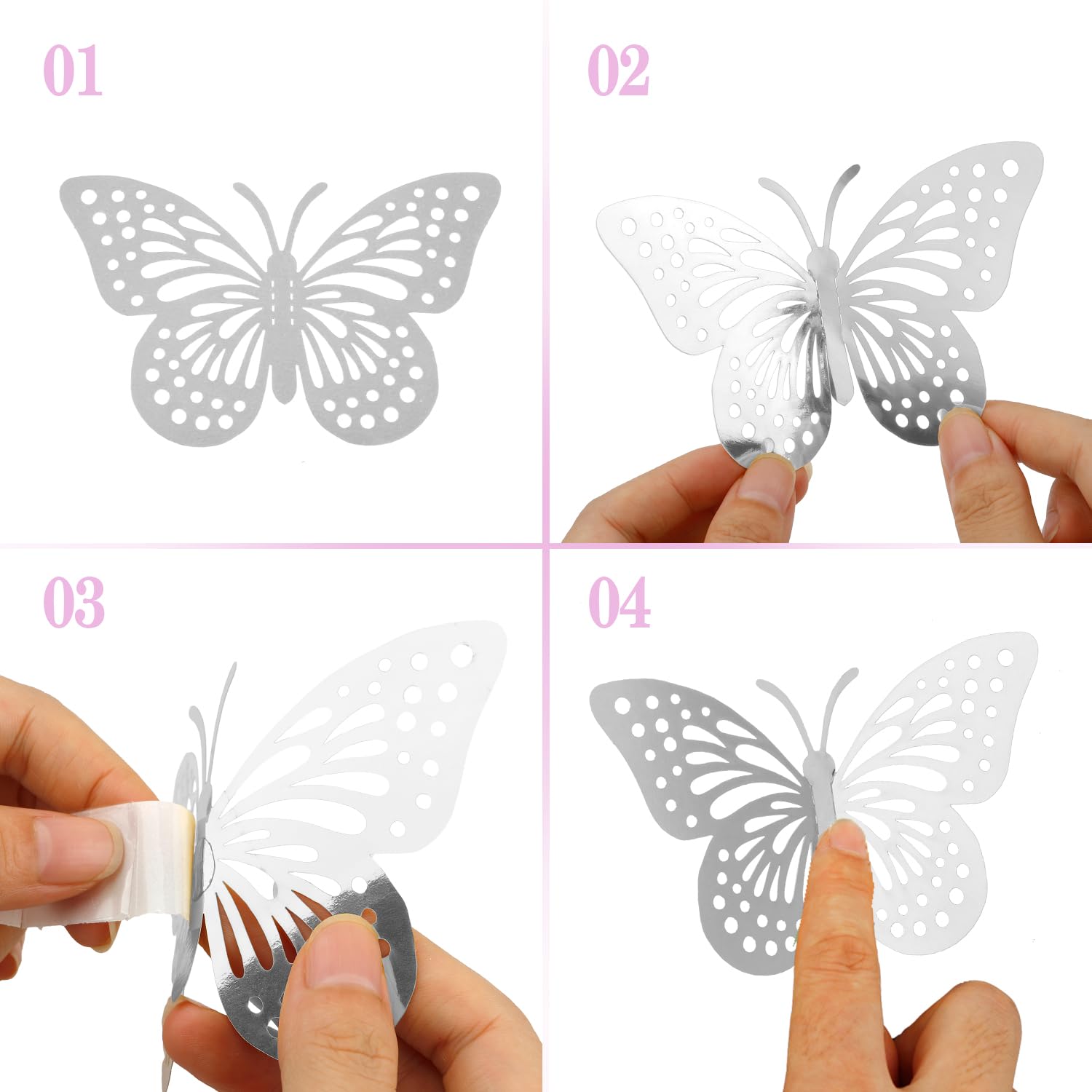 24 Autocollants Papillons 3D Métallisés - Or, Argent, Rose - Décoration Chambre Enfant