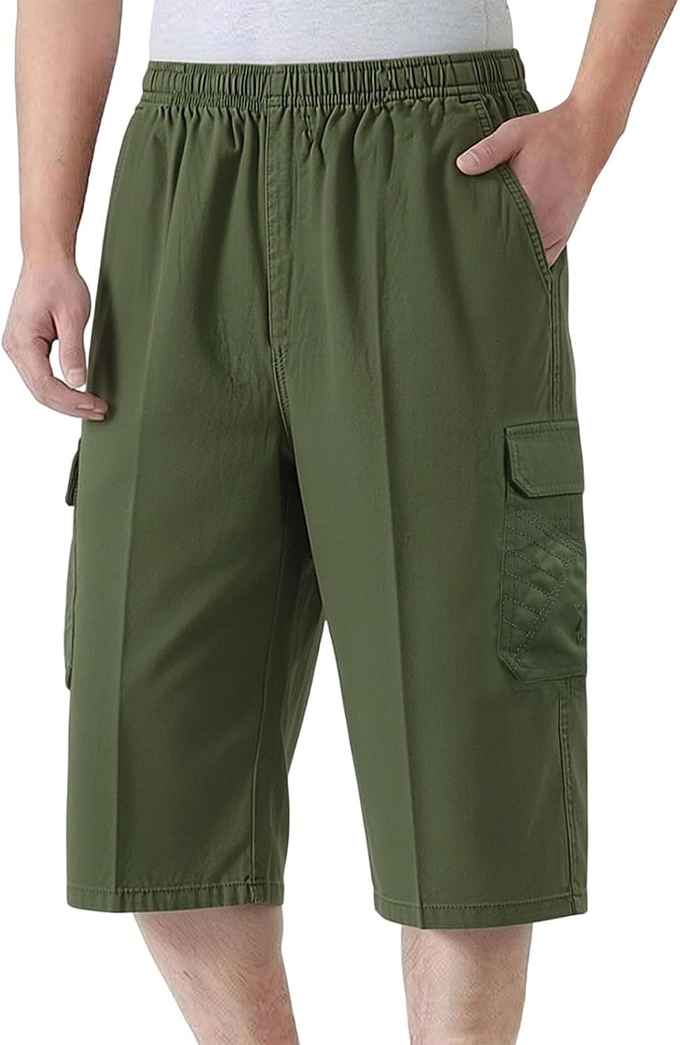 Men’s Knee-Length Cargo Shorts – Relaxed Fit Bermuda Shorts with Elastic Waist for Hiking, Work, and Outdoor Activities