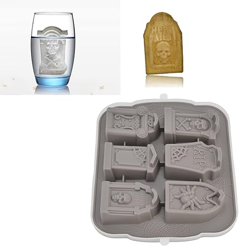 Miniatura 7 de Molde de silicona para Halloween, 6 cuadrículas grises de Halloween, calavera, araña, lápida, molde, caramelo, fondant, mousse, pastel, chocolate,