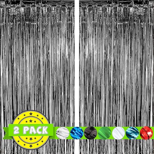 Image of 2 Pack Black Door Streamers Party Decorations,Black Tinsel Foil Fringe Streamers Backdrop for Mens 21st 30th 40th Birthday Decorations,Fringe Curtain Backdrop for Graduation Football Party Decorations