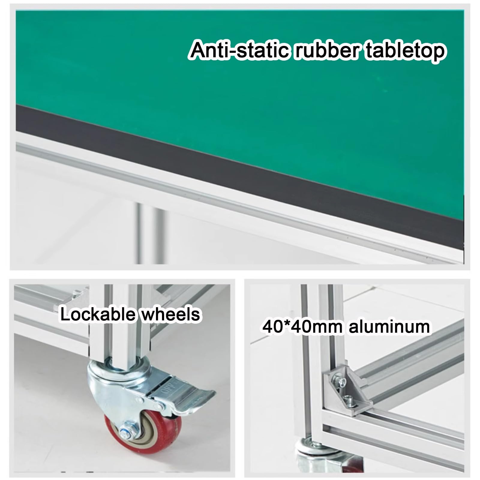 Banco de trabajo portátil con ruedas, mesa de trabajo con marco de aluminio con almacenamiento bajo, carrito de mesa de goma para garaje u oficina, 80 cm x 60 cm x 75 cm