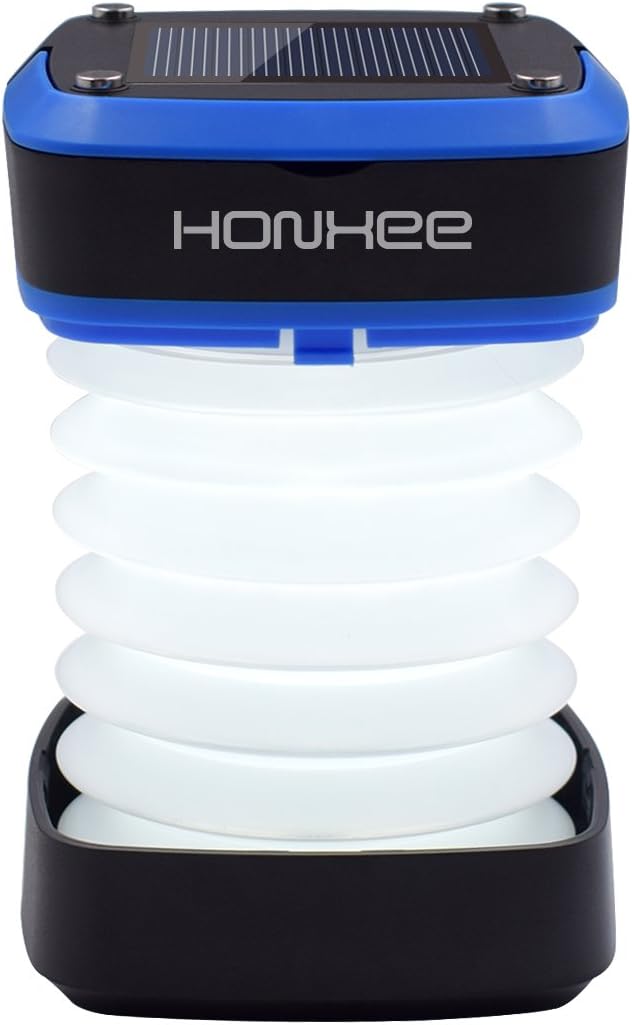 HONXEE LED Camping Lantern Solar Rechargeable Lights with Solar Panel and USB Charging, Adjustable Brightness and Emergency Light for Hiking,Camping,Hurricane,Repairing