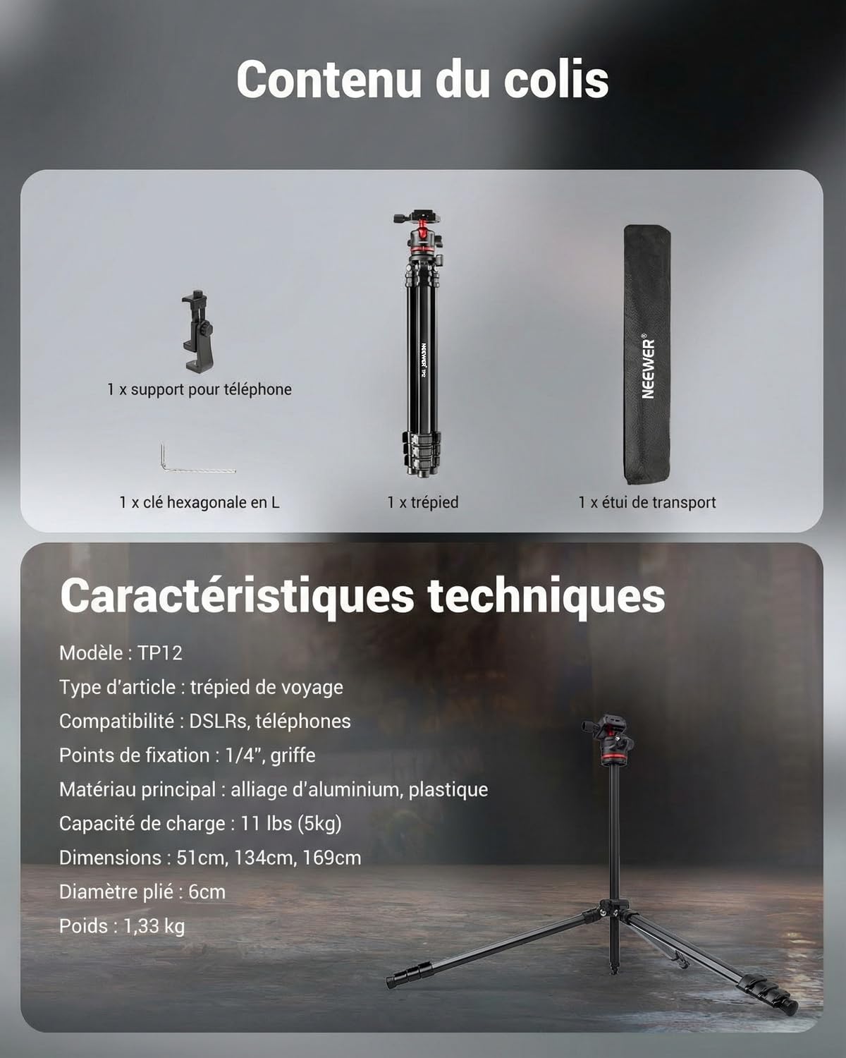 NEEWER Basics 66.5"/169cm Trépied Voyage pour Appareil Photo, Support léger et Portable pour Reflex numérique avec rotule, Plaque QR Arca, Support pour téléphone Portable, Charge maximale 11 LB, TP12