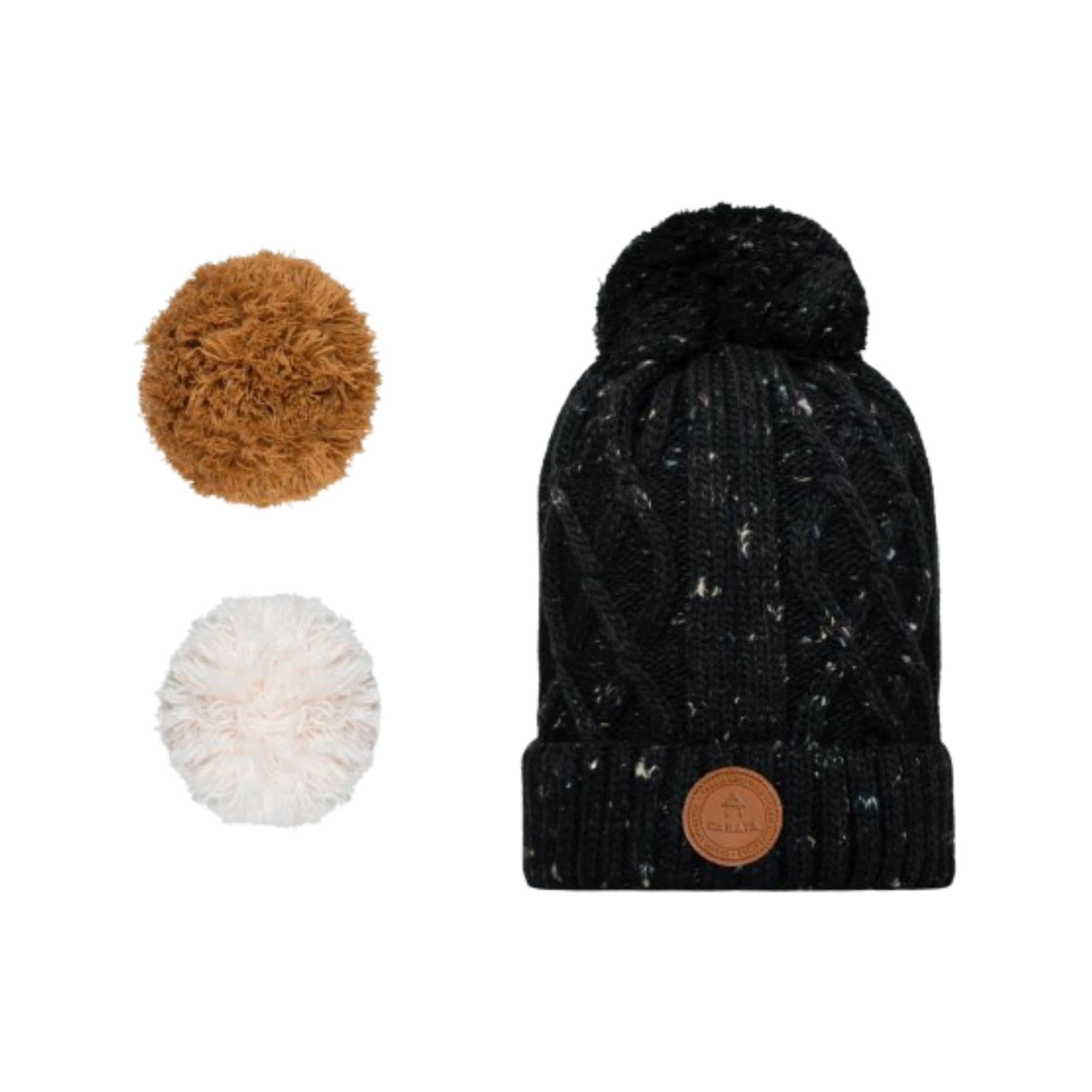 CABAIA - Bonnet Femme et Homme avec 3 Pompons Interchangeables - Design Français - Système aimanté pour Un Ajustement Adapté - Collection Hiver - Modele Appletini Noir